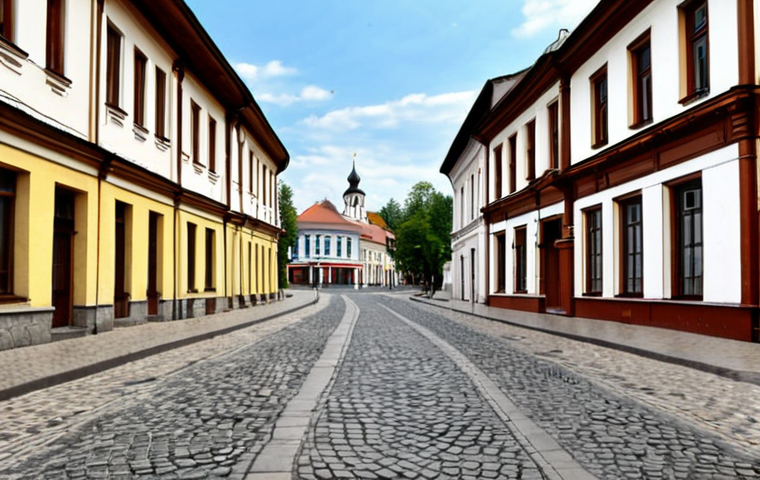 ** Cobblestone street in Chisinau's historical center, lined with old buildings, creating a postcard-like atmosphere. Capture the charm and potential higher property values.

**