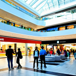 A vibrant, modern shopping mall interior bustling with diverse groups of people. Families are enjoying leisure activities, with children playing safely in a dedicated area and adults socializing in a comfortable lounge space. The atmosphere is inviting and family-friendly. Subjects are fully clothed in appropriate, modest attire. The environment is brightly lit with natural light, featuring clean, contemporary architecture. perfect anatomy, correct proportions, natural pose, well-formed hands, proper finger count, natural body proportions, professional photography, high quality, safe for work, appropriate content, fully clothed, family-friendly.