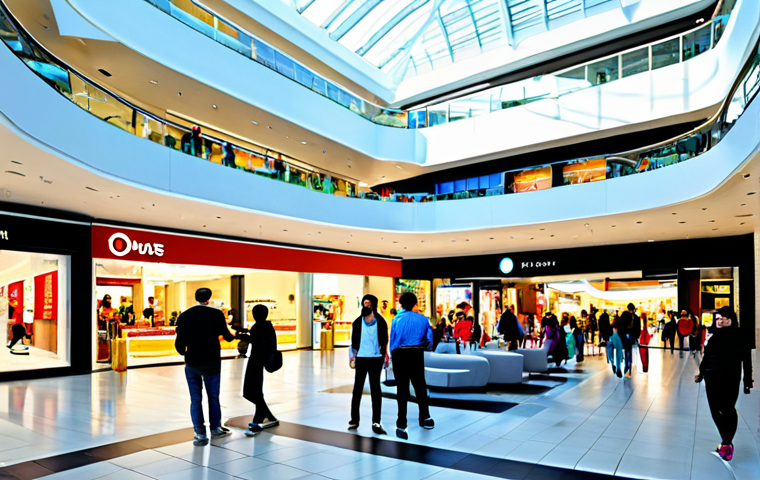 A vibrant, modern shopping mall interior bustling with diverse groups of people. Families are enjoying leisure activities, with children playing safely in a dedicated area and adults socializing in a comfortable lounge space. The atmosphere is inviting and family-friendly. Subjects are fully clothed in appropriate, modest attire. The environment is brightly lit with natural light, featuring clean, contemporary architecture. perfect anatomy, correct proportions, natural pose, well-formed hands, proper finger count, natural body proportions, professional photography, high quality, safe for work, appropriate content, fully clothed, family-friendly.