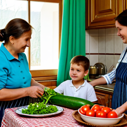Healthy Eating in a Moldovan Family**

"A bright and airy kitchen scene in Moldova. A family, including grandparents and children, are preparing a meal together using fresh, locally sourced vegetables and fruits.  The table is set with traditional Moldovan pottery.  Emphasis on natural light and a sense of warmth and togetherness.  Healthy food, family, Moldova, safe for work, appropriate content, fully clothed, professional, perfect anatomy, natural proportions, high quality."

**