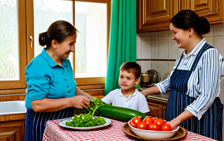 Healthy Eating in a Moldovan Family**
"A bright and airy kitchen scene in Moldova. A family, including grandparents and children, are preparing a meal together using fresh, locally sourced vegetables and fruits. The table is set with traditional Moldovan pottery. Emphasis on natural light and a sense of warmth and togetherness. Healthy food, family, Moldova, safe for work, appropriate content, fully clothed, professional, perfect anatomy, natural proportions, high quality."
**