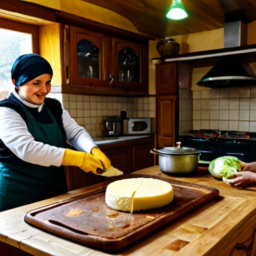 Placinte**

"A table laden with various *placinte*, some filled with cheese, others with cabbage, all golden brown and delicious.  In the background, a cozy Moldovan kitchen with a traditional oven. Fully clothed people are joyfully preparing the food.  Appropriate attire, safe for work, perfect anatomy, natural proportions, professional food photography, high quality, modest setting, family-friendly."

**
