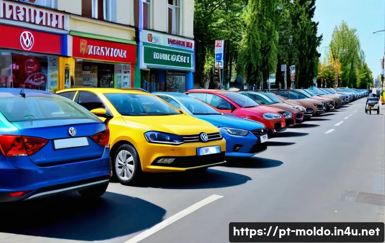 몰도바에서 자동차 구입하기 - A busy urban street scene in Chisinau, Moldova, showcasing a variety of compact cars popular in the ...