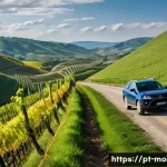 Home 22 몰도바에서 자동차 렌트하기 - A scenic rural Moldovan road during late afternoon with a compact SUV driving cautiously on a slight...