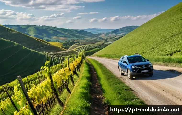 몰도바에서 자동차 렌트하기 - A scenic rural Moldovan road during late afternoon with a compact SUV driving cautiously on a slight...