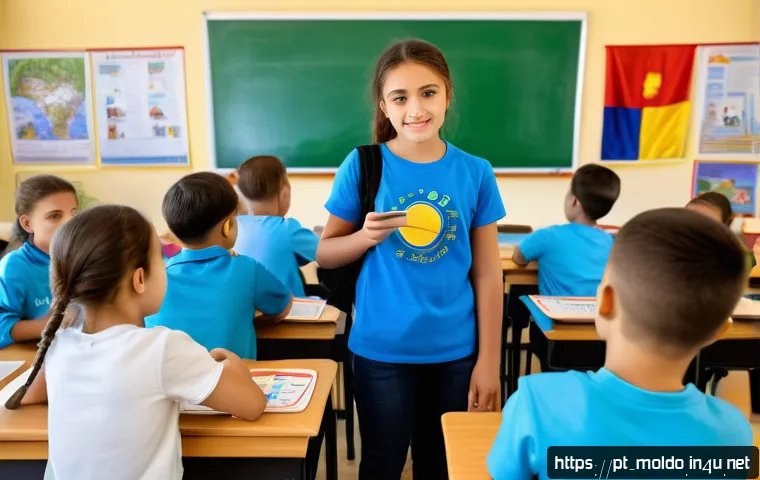 몰도바 언어 정책 - A vibrant classroom scene in Moldova showcasing diverse students attentively learning the Moldovan l...