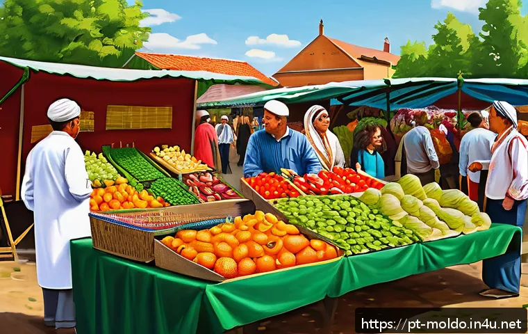 몰도바 국제 관계 - A detailed and realistic illustration of a Moldovan agricultural market scene showcasing vibrant sta...